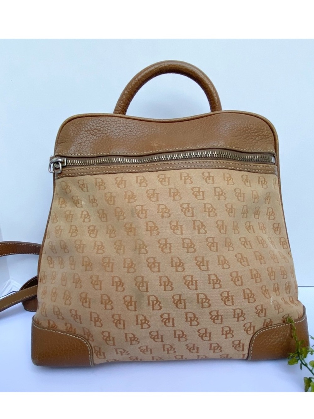 Dooney & Bourke Tan Canvas Logo Backpack with Brown Leather Trim